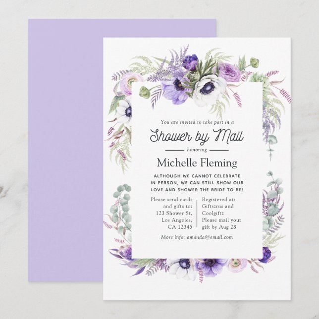 Dusty Violet Floral Bridal Shower by Mail Invitation (Front/Back)