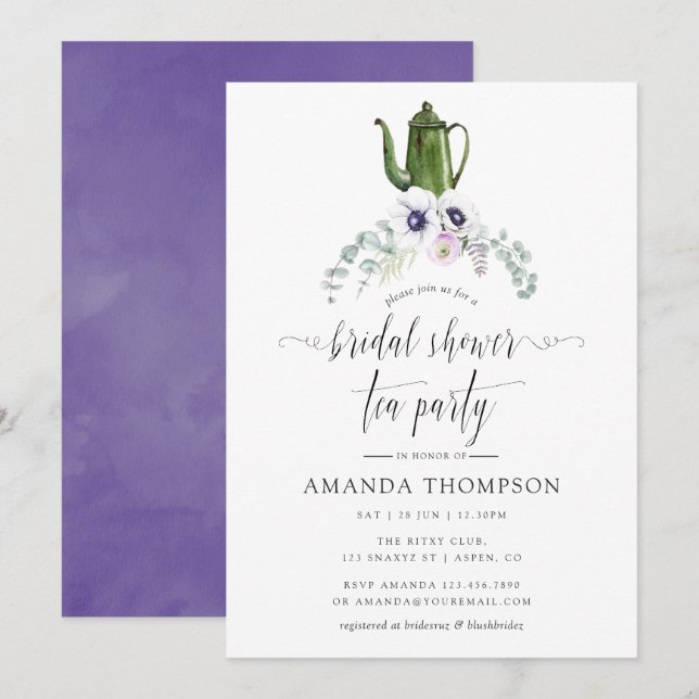 Dusty Violet Floral Bridal Shower Tea Party Invitation (Front/Back)