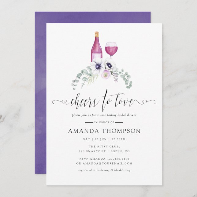 Dusty Violet Floral Bridal Shower Wine Tasting Invitation (Front/Back)