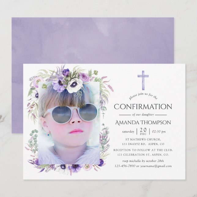 Dusty Violet Floral Confirmation Invitation (Front/Back)