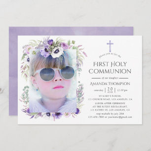 Dusty Violet Floral First Holy Communion Invitation