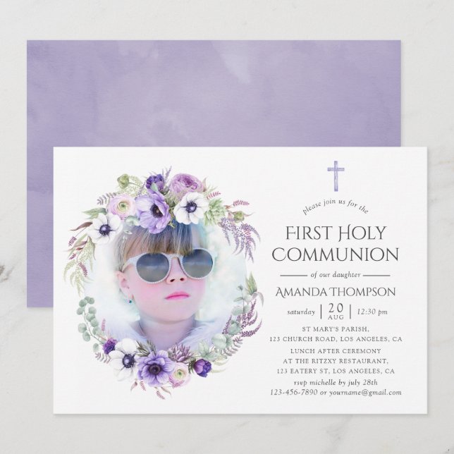 Dusty Violet Floral First Holy Communion Invitation (Front/Back)