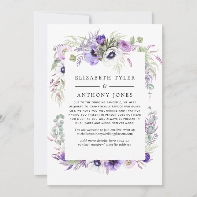 Dusty Violet Floral Reduced Wedding Guest List Announcement (Front)