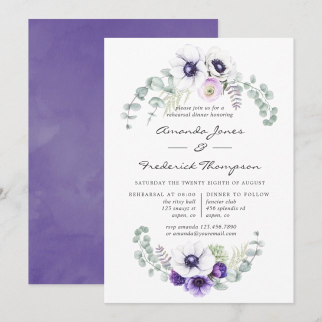 Dusty Violet Floral Wedding Rehearsal Dinner Invitation (Front/Back)