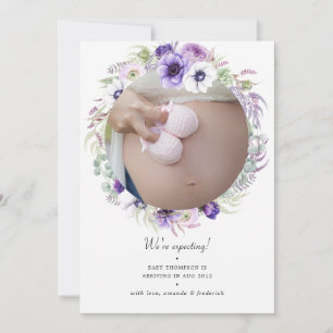 Dusty Violet Pastel Floral Photo Pregnancy Announcement