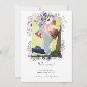 Dusty Violet Pastel Floral Photo Pregnancy Announcement