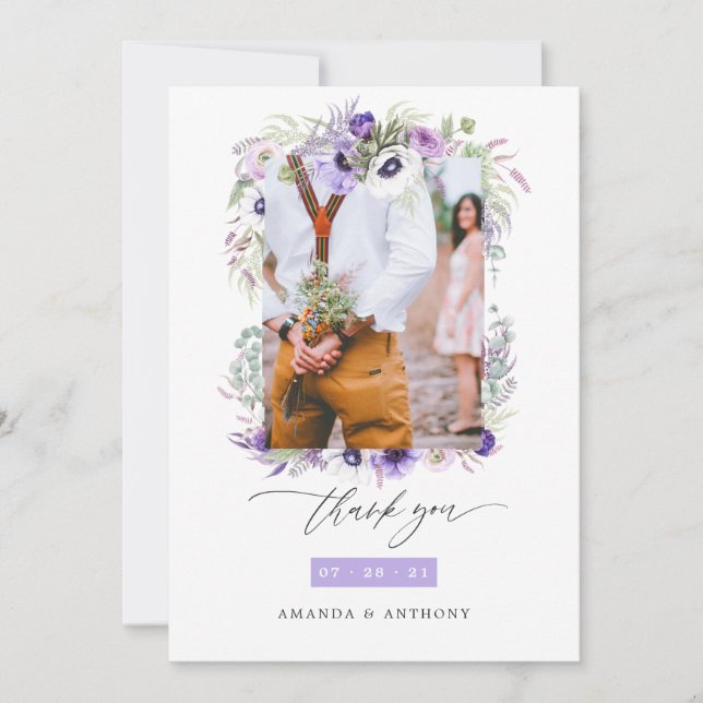 Dusty Violet Pastel Floral Wedding Photo Collage Thank You Card (Front)