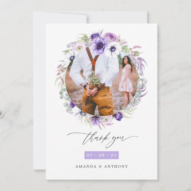 Dusty Violet Pastel Floral Wedding Photo Collage Thank You Card (Front)
