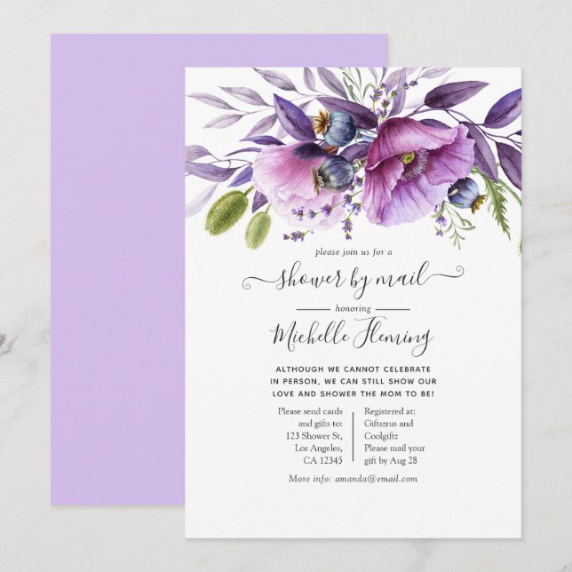 Dusty Violet Poppy Floral Baby Shower by Mail Invitation (Front/Back)