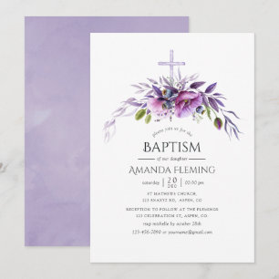 Dusty Violet Poppy Floral Baptism or Christening Invitation