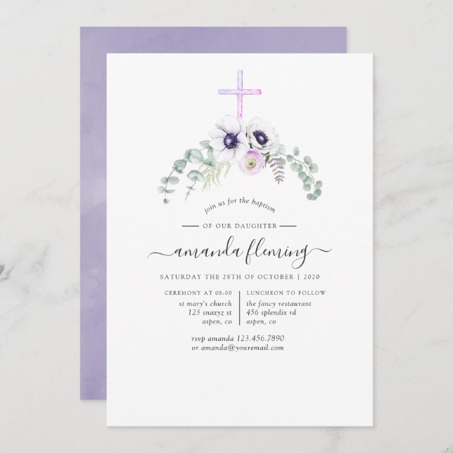 Dusty Violet Poppy Floral Baptism or Christening Invitation (Front/Back)