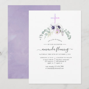 Dusty Violet Poppy Floral Baptism or Christening Invitation