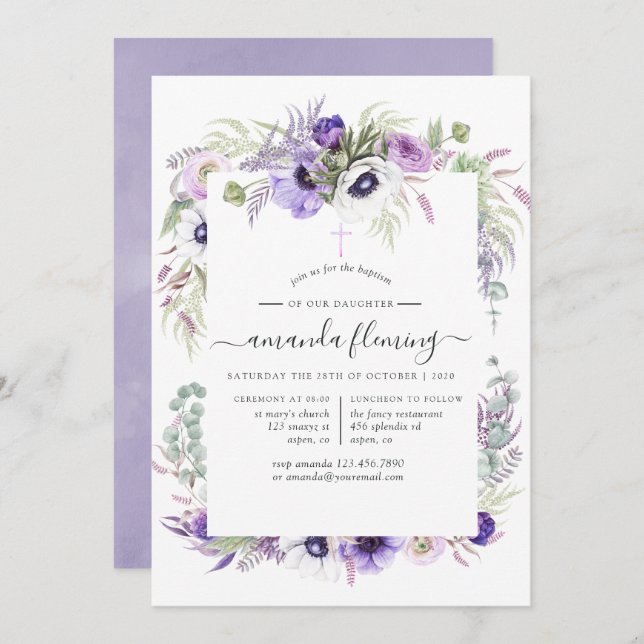 Dusty Violet Poppy Floral Baptism or Christening Invitation (Front/Back)