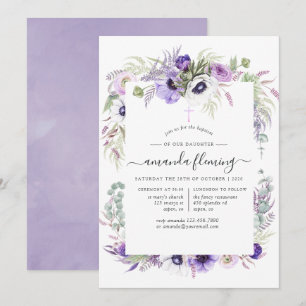 Dusty Violet Poppy Floral Baptism or Christening Invitation
