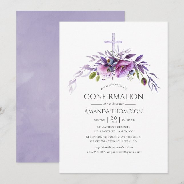 Dusty Violet Poppy Floral Confirmation Invitation (Front/Back)