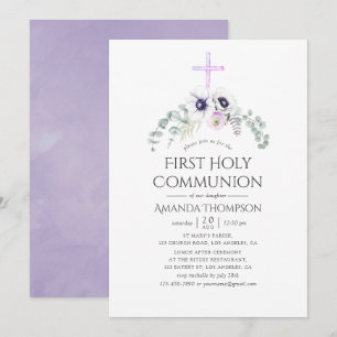 Dusty Violet Poppy Floral First Holy Communion Invitation