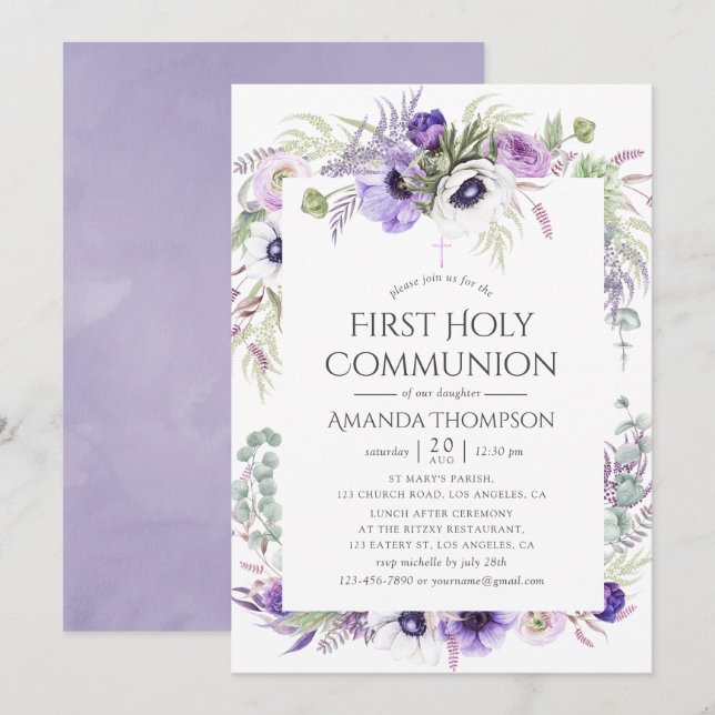 Dusty Violet Poppy Floral First Holy Communion Invitation (Front/Back)
