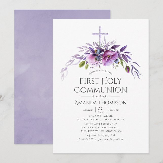 Dusty Violet Poppy Floral First Holy Communion Invitation (Front/Back)