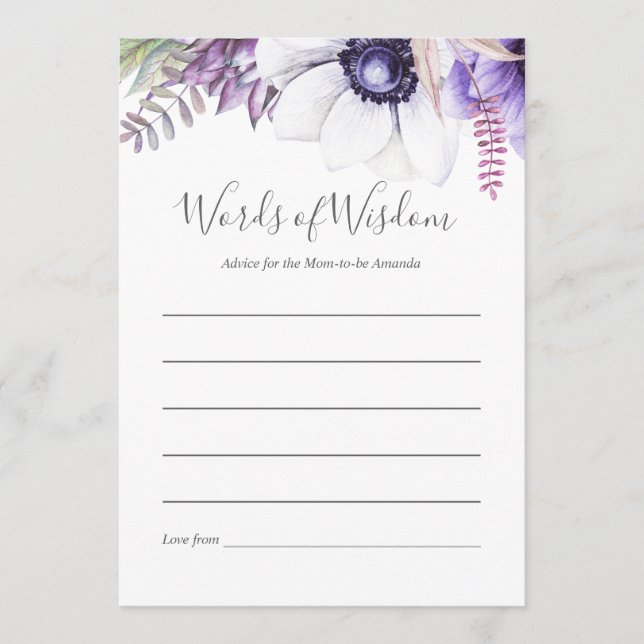 Dusty Violet Watercolor Floral Baby Shower Advice (Front)