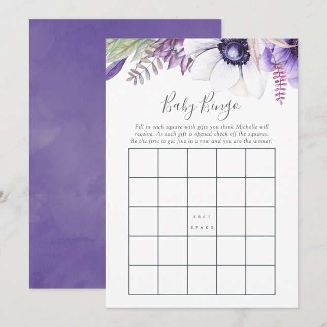 Dusty Violet Watercolor Floral Baby Shower Bingo Invitation (Front/Back)