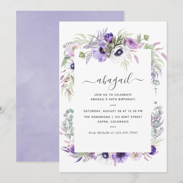 Dusty Violet Watercolor Floral Birthday Invitation (Front/Back)