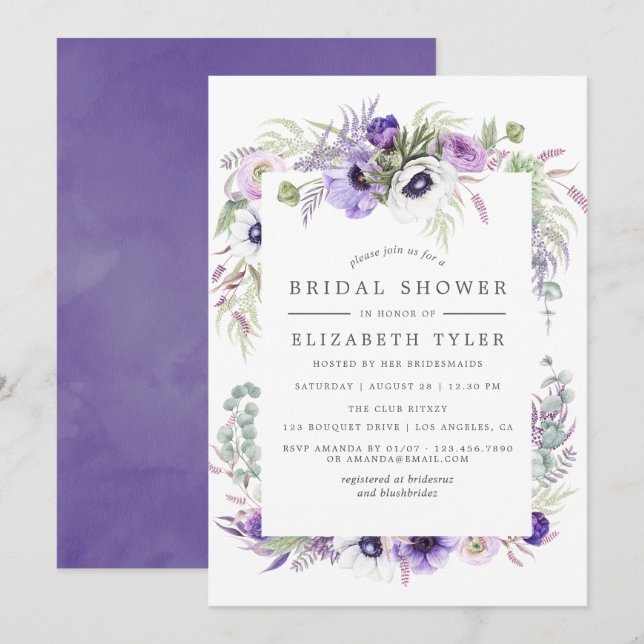 Dusty Violet Watercolor Floral Bridal Shower Invitation (Front/Back)