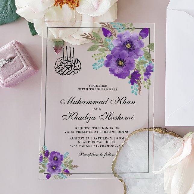 Dusty Violet Watercolor Floral Islamic Wedding Acrylic Invitations (Creator Uploaded)