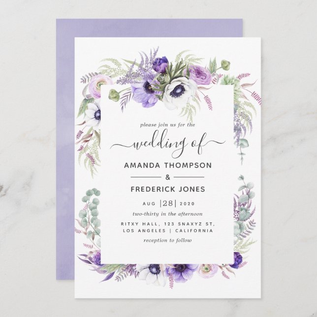 Dusty Violet Watercolor Floral Wedding Invitation (Front/Back)