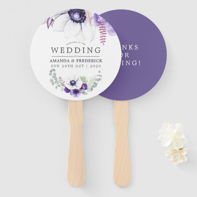 Dusty Violet Wedding Watercolor Floral Favour Hand Fan (Front and Back)