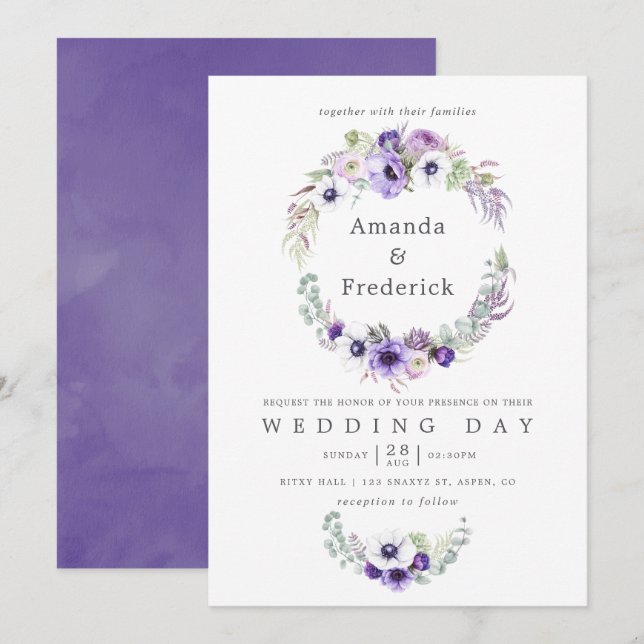 Dusty Violet Wedding Watercolor Floral Invitation (Front/Back)