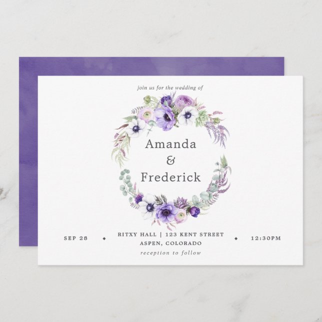 Dusty Violet Wedding Watercolor Floral Invitation (Front/Back)