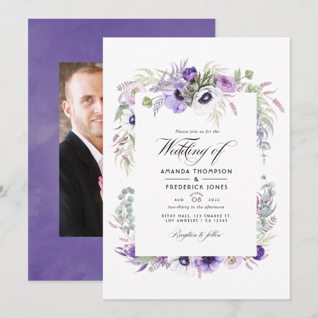 Dusty Violet Wedding Watercolor Floral Photo Invitation (Front/Back)