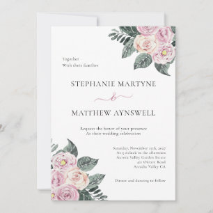 Dusty Watercolor Roses Pink Blush Floral Wedding Invitation