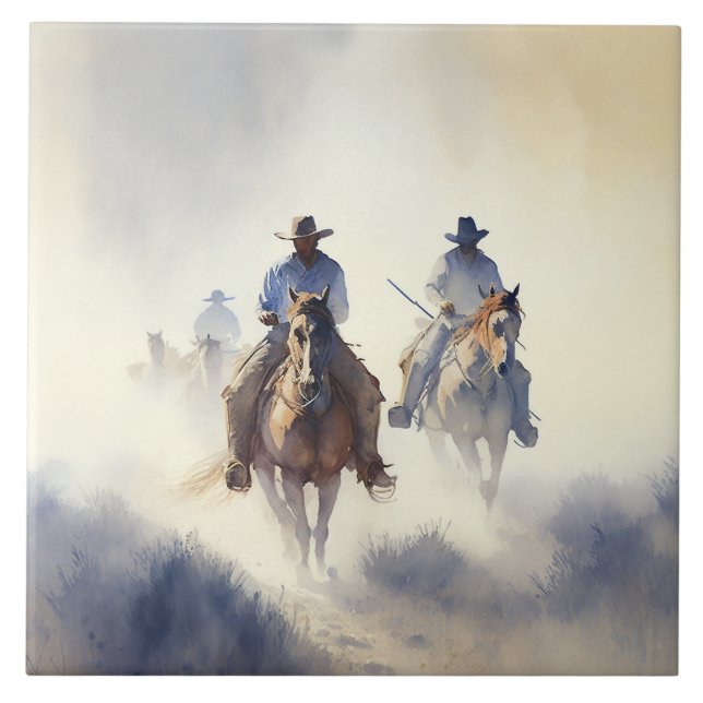 Dusty Western Watercolor “Posse - The Chase”    Tile (Front)