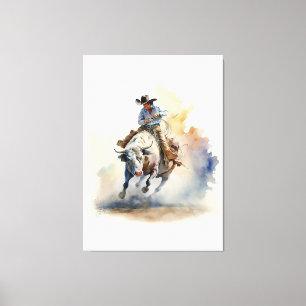 Dusty Western Watercolor “Rodeo Bull Rider” Canvas Print