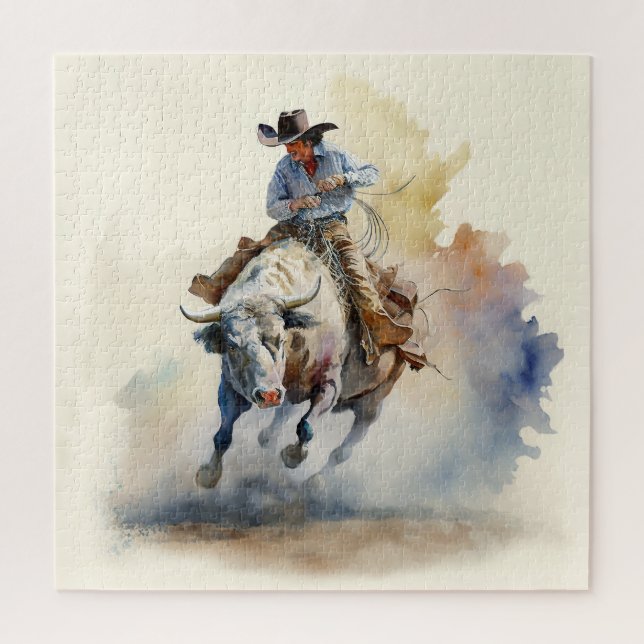 Dusty Western Watercolor “Rodeo Bull Rider”   Jigsaw Puzzle (Vertical)