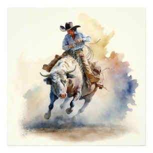 Dusty Western Watercolor “Rodeo Bull Rider” Photo Print