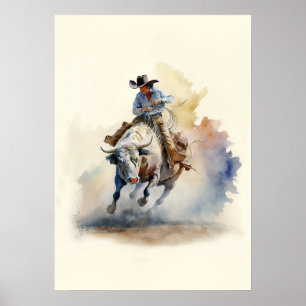 Dusty Western Watercolor “Rodeo Bull Rider” Poster