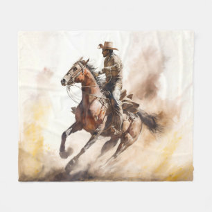 Dusty Western Watercolour Cowboy Riding Mustang Fleece Blanket