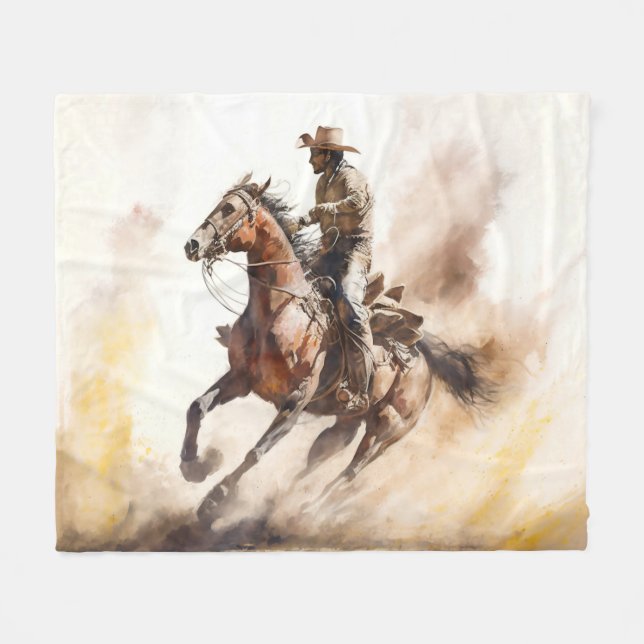 Dusty Western Watercolour Cowboy Riding Mustang Fleece Blanket (Front (Horizontal))