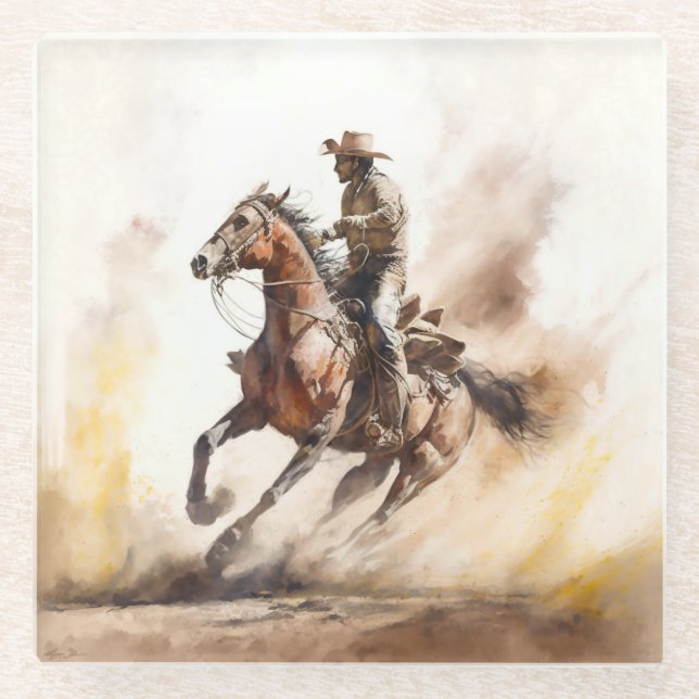 Dusty Western Watercolour Cowboy Riding Mustang Glass Coaster (Front)