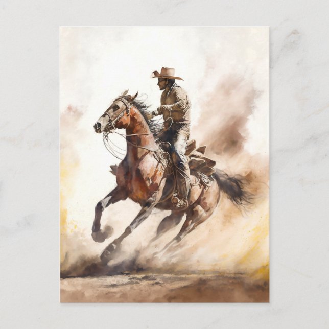 Dusty Western Watercolour Cowboy Riding Mustang Postcard (Front)
