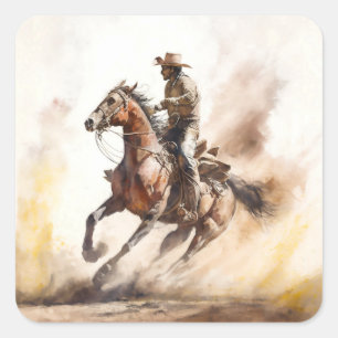 Dusty Western Watercolour Cowboy Riding Mustang Square Sticker