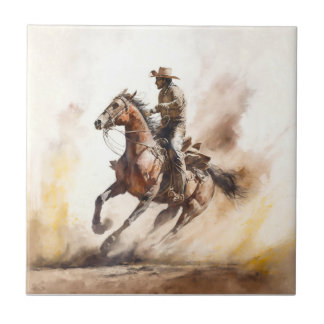 Dusty Western Watercolour Cowboy Riding Mustang Tile