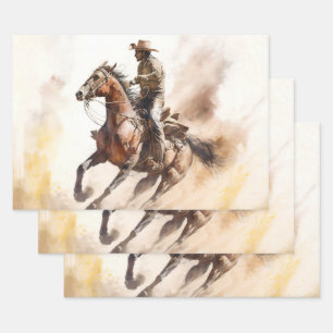 Dusty Western Watercolour Cowboy Riding Mustang Wrapping Paper Sheet