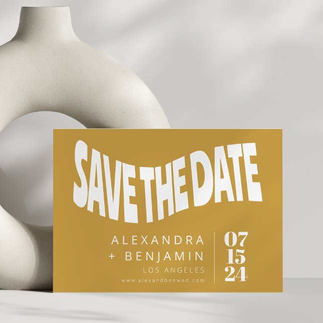 Dusty Yellow Fun Retro Typography Groovy Wedding Save The Date (Creator Uploaded)