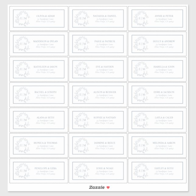 Dusy Blue Leafy Crest Monogram Guest Address (Sheet)