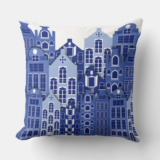 Dutch Amsterdam Blue Houses Throw Pillow (Front)