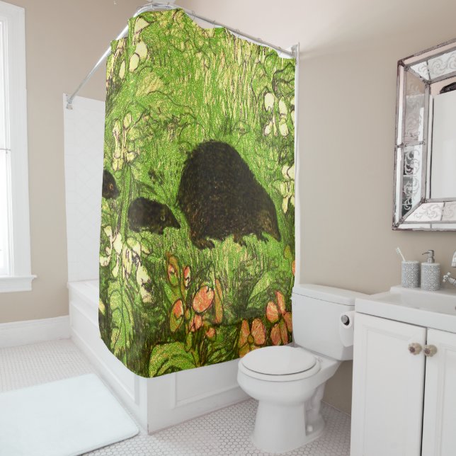 Dutch Art Nouveau Hedgehog and Babies Shower Curtain (In Situ)