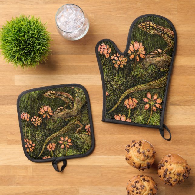 Dutch Art Nouveau Lizard and Wildflowers Oven Mitt & Pot Holder Set (Top Down)